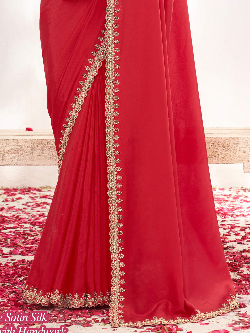 Red Crepe Satin Silk Moti with Handwork Saree - View 2