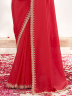 Red Crepe Satin Silk Moti with Handwork Saree - View 2