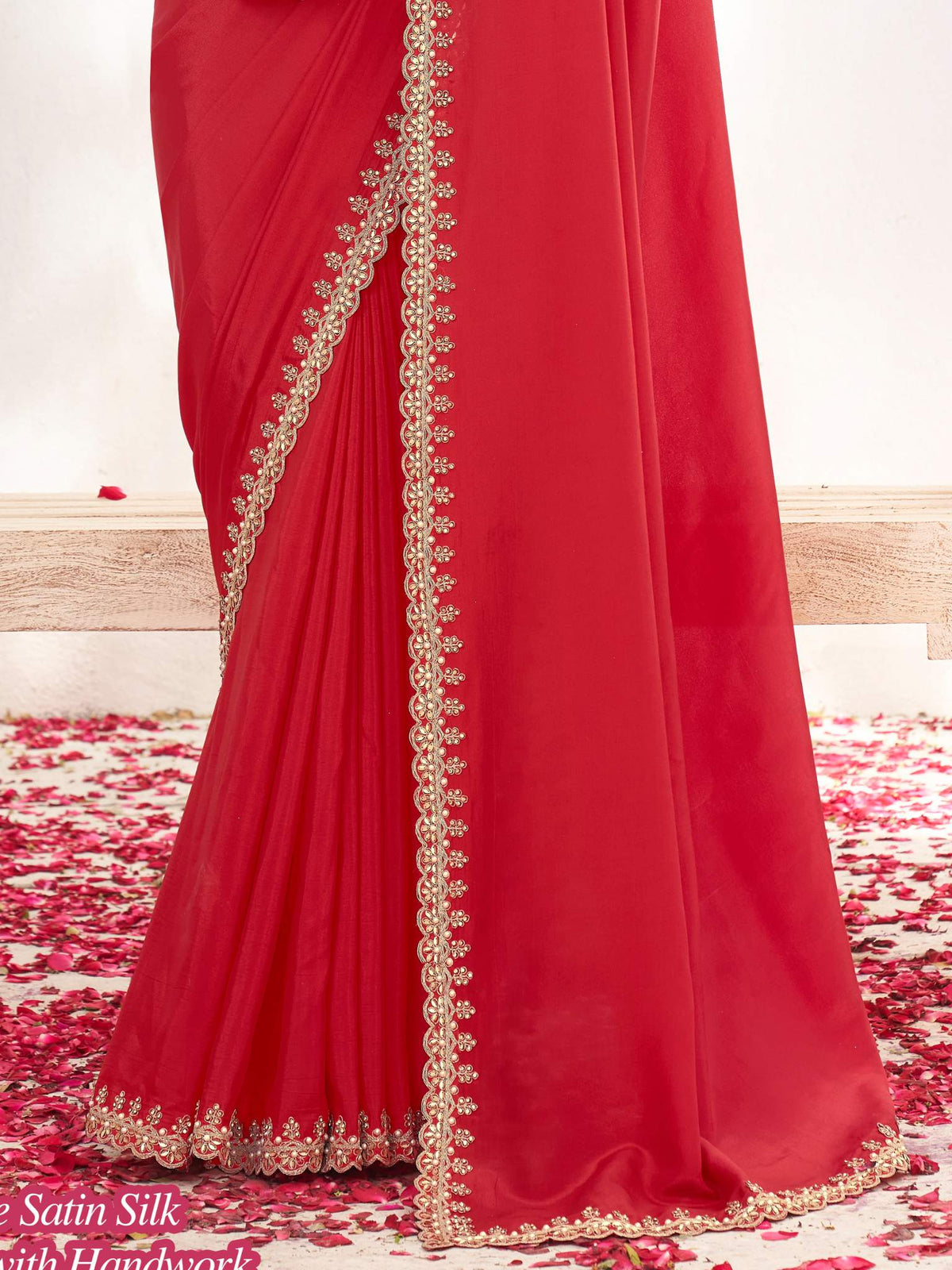 Red Crepe Satin Silk Moti with Handwork Saree - View 2
