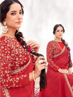 Red Crepe Satin Silk Moti with Handwork Saree - View 3