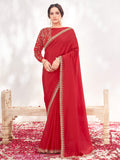 Red Crepe Satin Silk Moti with Handwork Saree - View 4