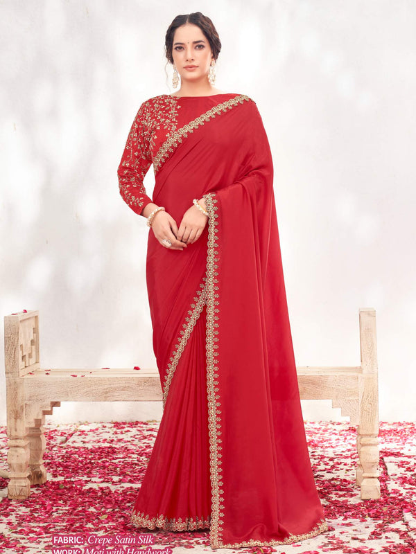 Red Crepe Satin Silk Moti with Handwork Saree - View 4