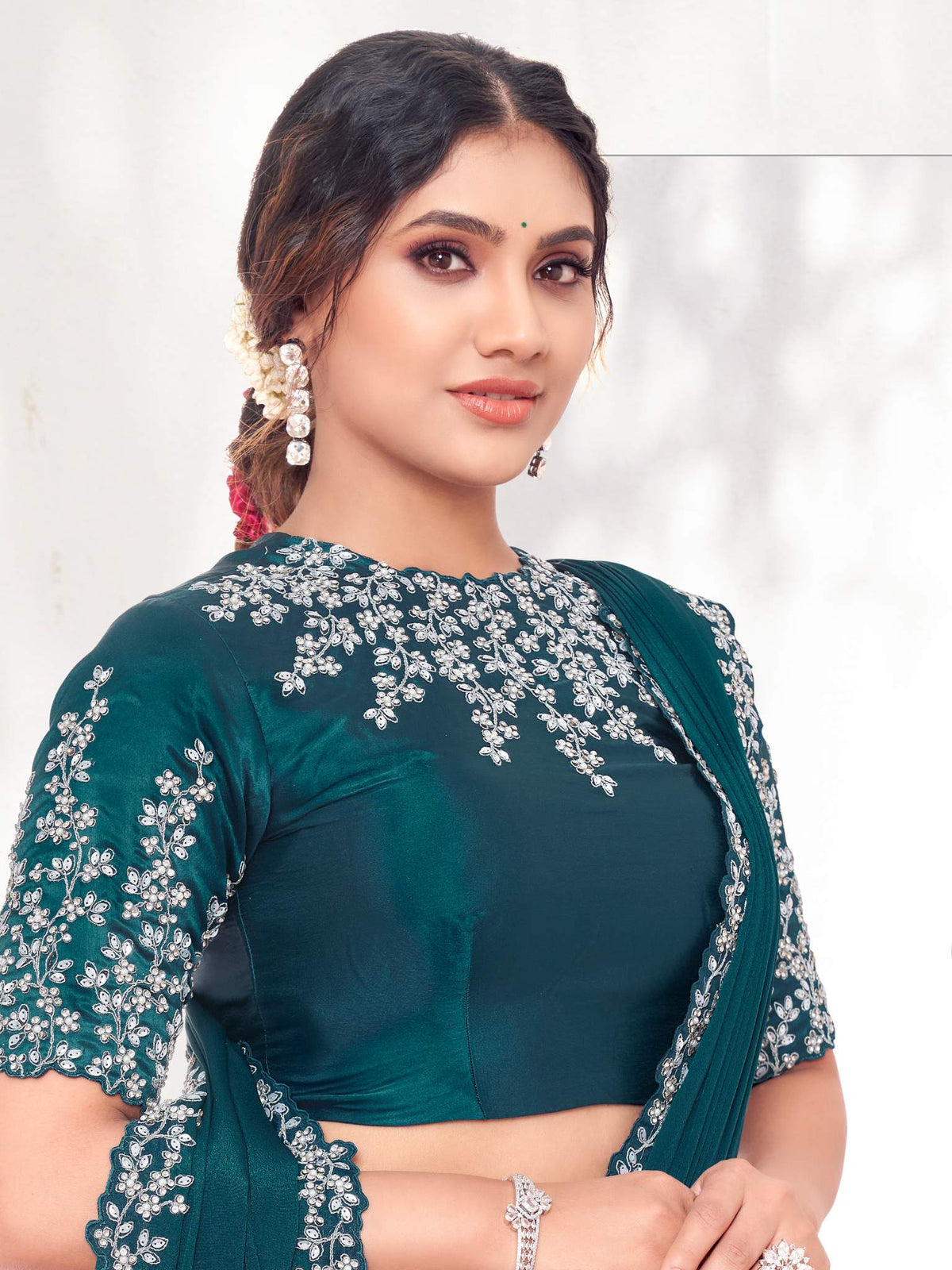 Teal Blue Pure Crepe Silk Diamond with Moti work Saree - View 2