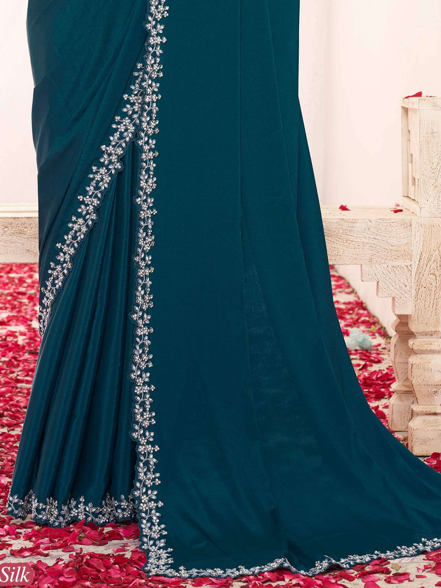 Teal Blue Pure Crepe Silk Diamond with Moti work Saree - View 3