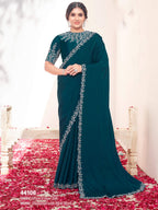 Teal Blue Pure Crepe Silk Diamond with Moti work Saree - View 1