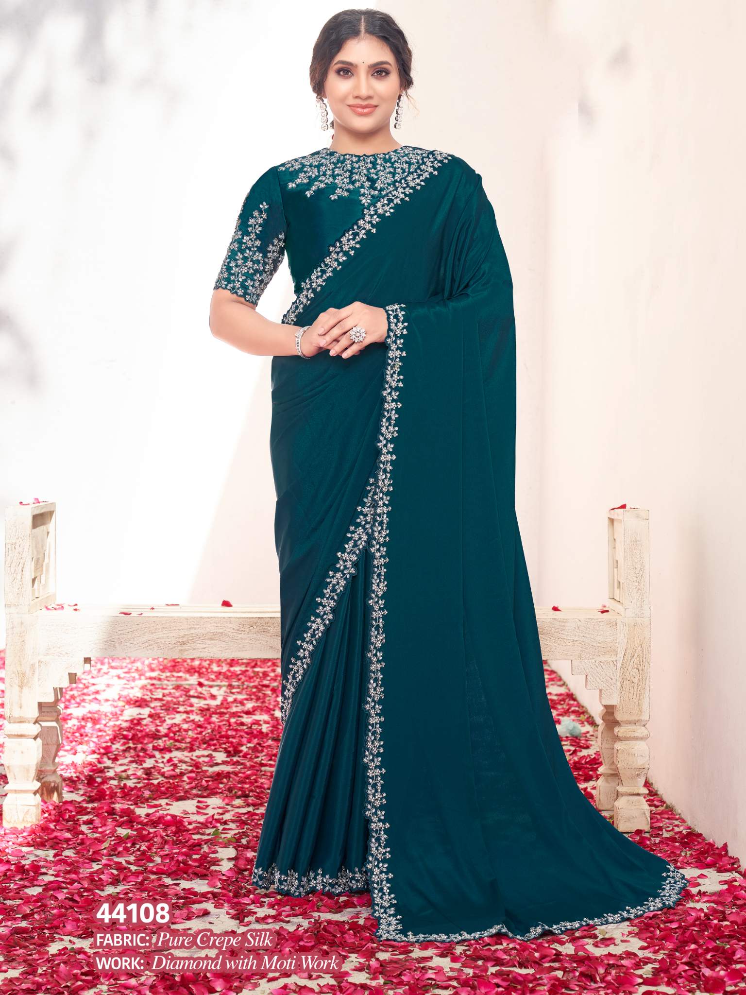Teal Blue Pure Crepe Silk Diamond with Moti work Saree - View 1