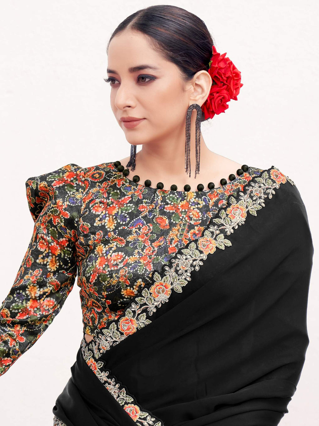 Black Crepe Satin Silk Moti with Handwork Saree - View 2