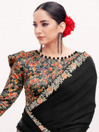 Black Crepe Satin Silk Moti with Handwork Saree - View 2