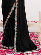 Black Crepe Satin Silk Moti with Handwork Saree - View 3