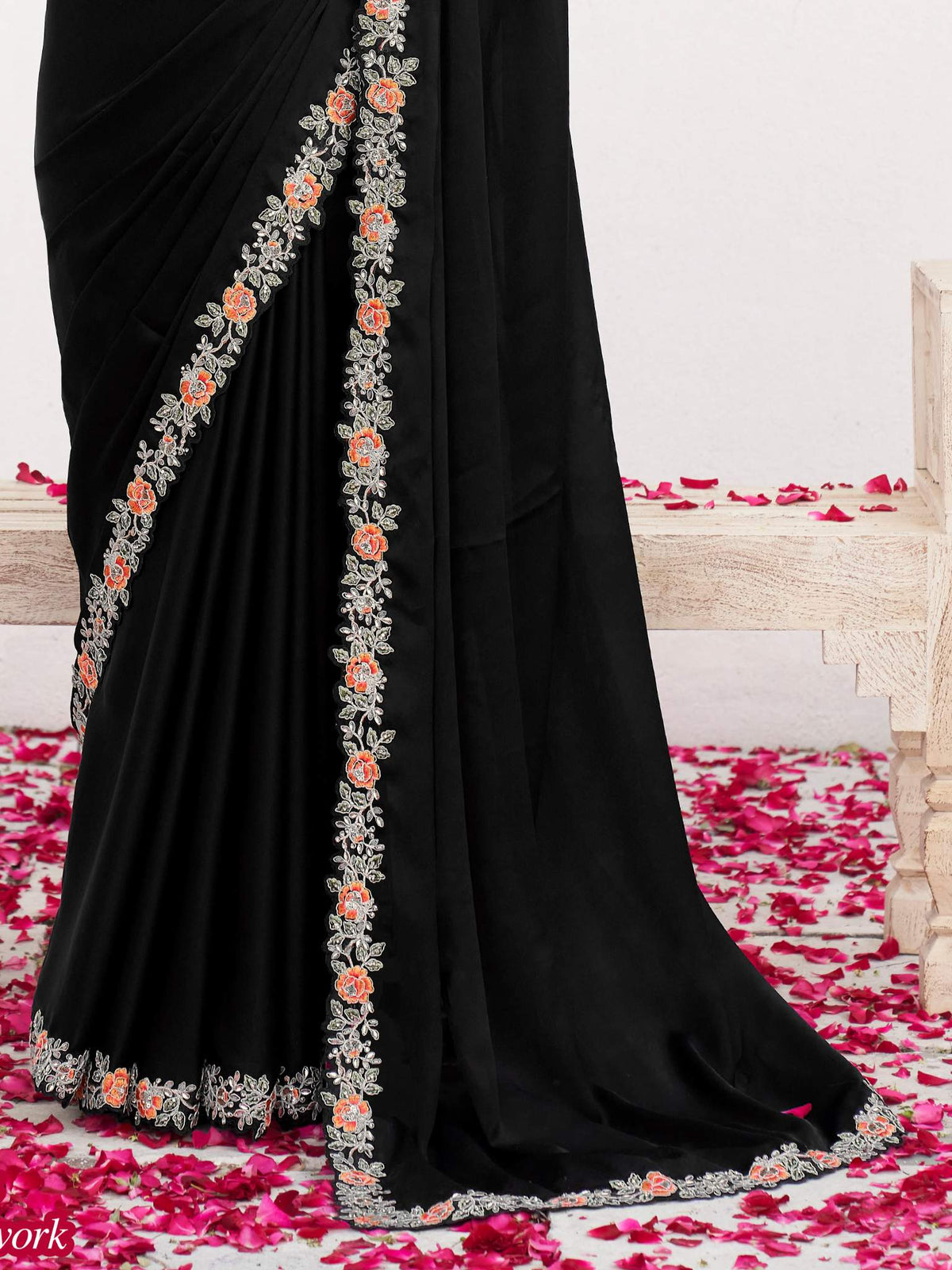 Black Crepe Satin Silk Moti with Handwork Saree - View 3