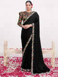 Black Crepe Satin Silk Moti with Handwork Saree - View 1