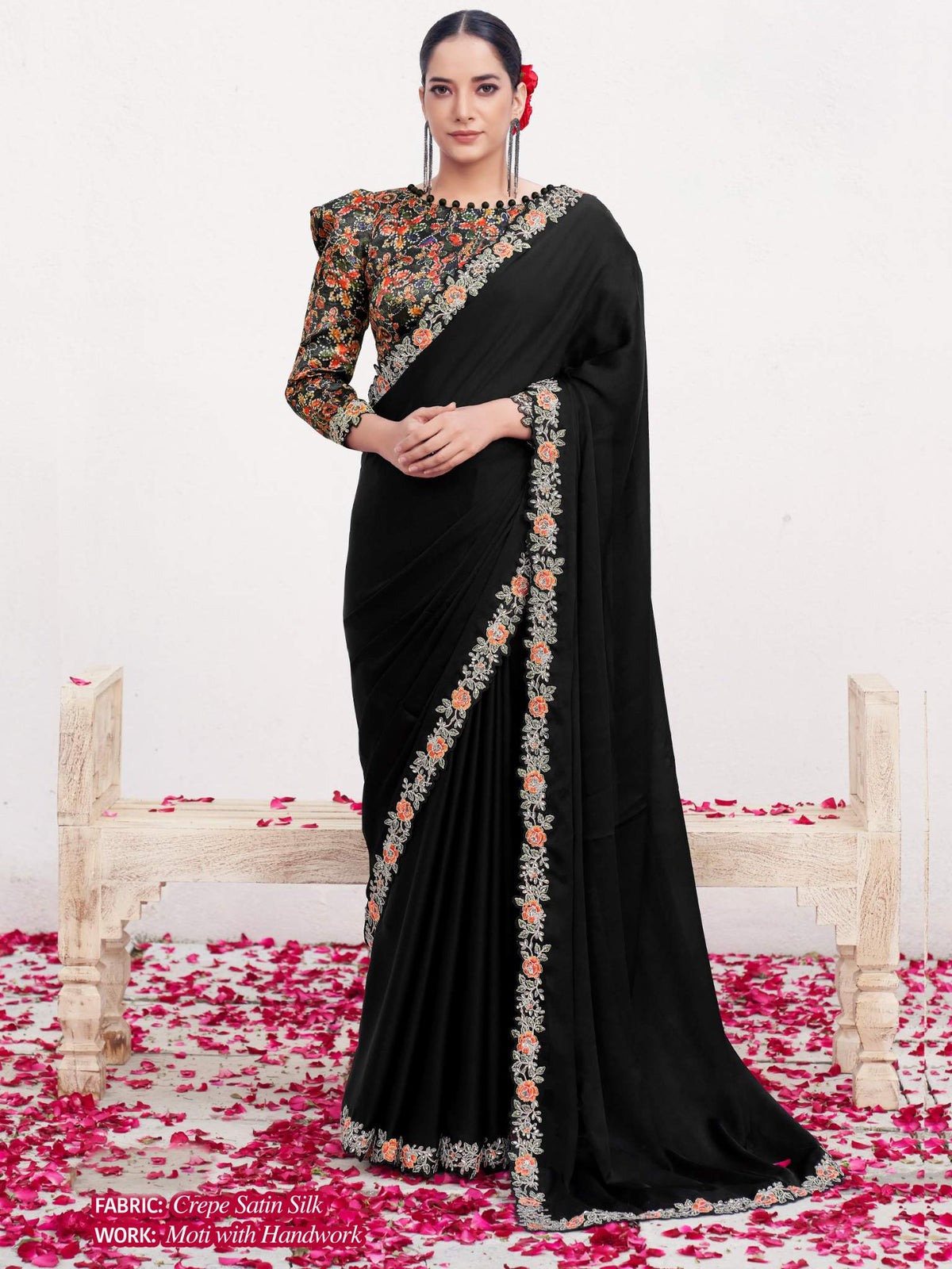 Black Crepe Satin Silk Moti with Handwork Saree - View 1
