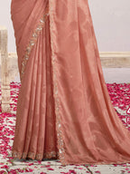 Peach Self Jaquard Georgette Sequins Saree - View 3