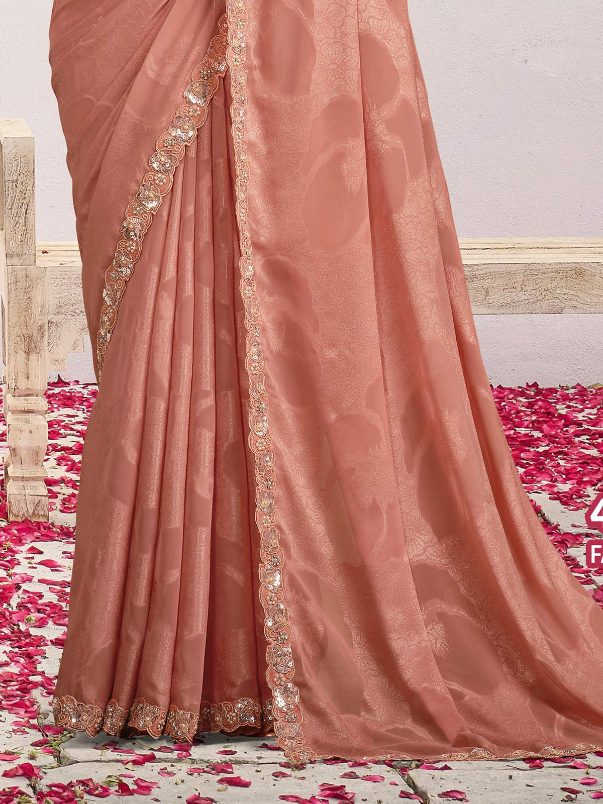 Peach Self Jaquard Georgette Sequins Saree - View 3