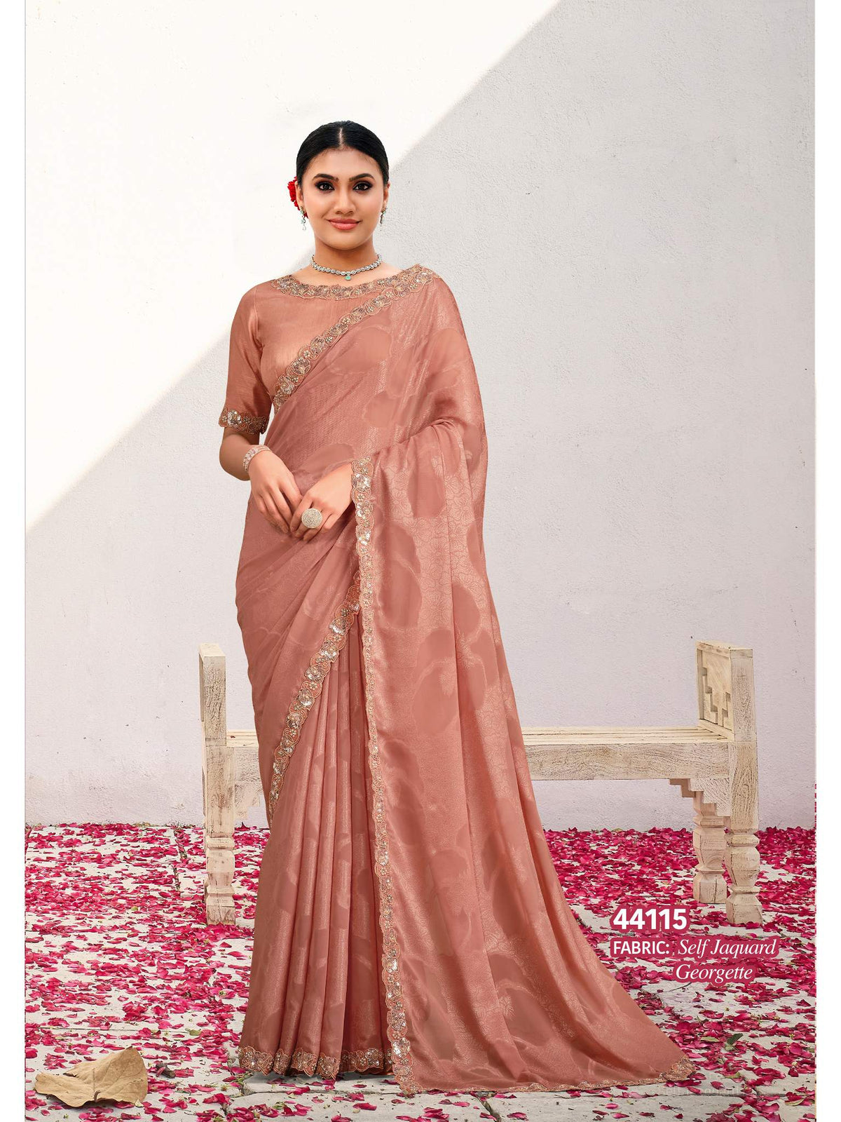 Peach Self Jaquard Georgette Sequins Saree - View 1