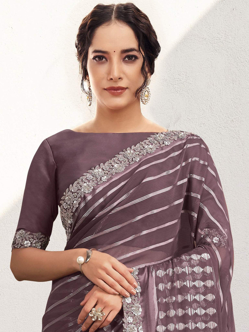 Lavender Georgette Kasab Sequins & Cord Embroidered with Stone Work Saree - View 2