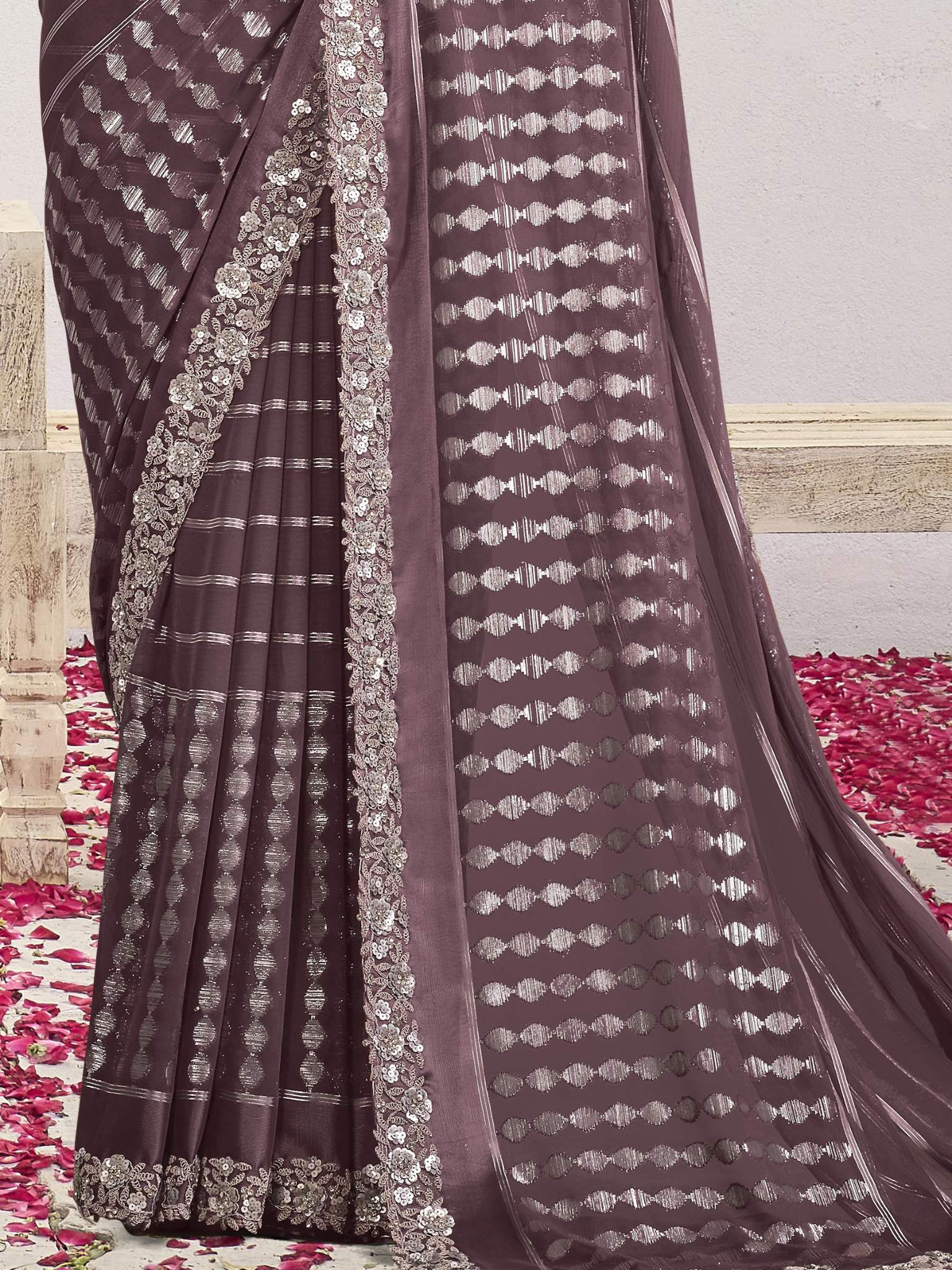 Lavender Georgette Kasab Sequins & Cord Embroidered with Stone Work Saree - View 3