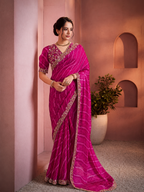 Pink Satin Silk Stone Handwork Saree