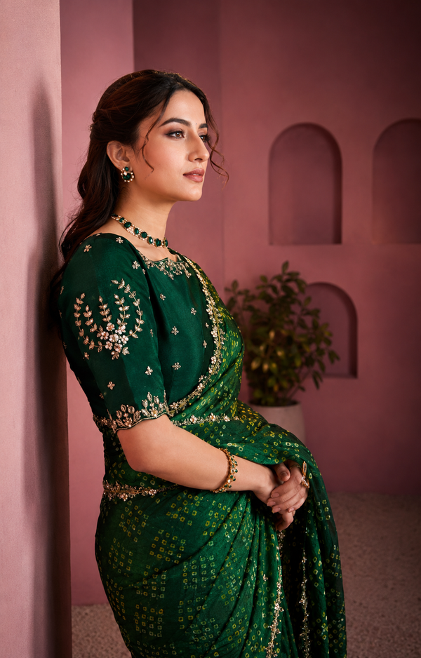 Green Satin Silk Stone Handwork Saree