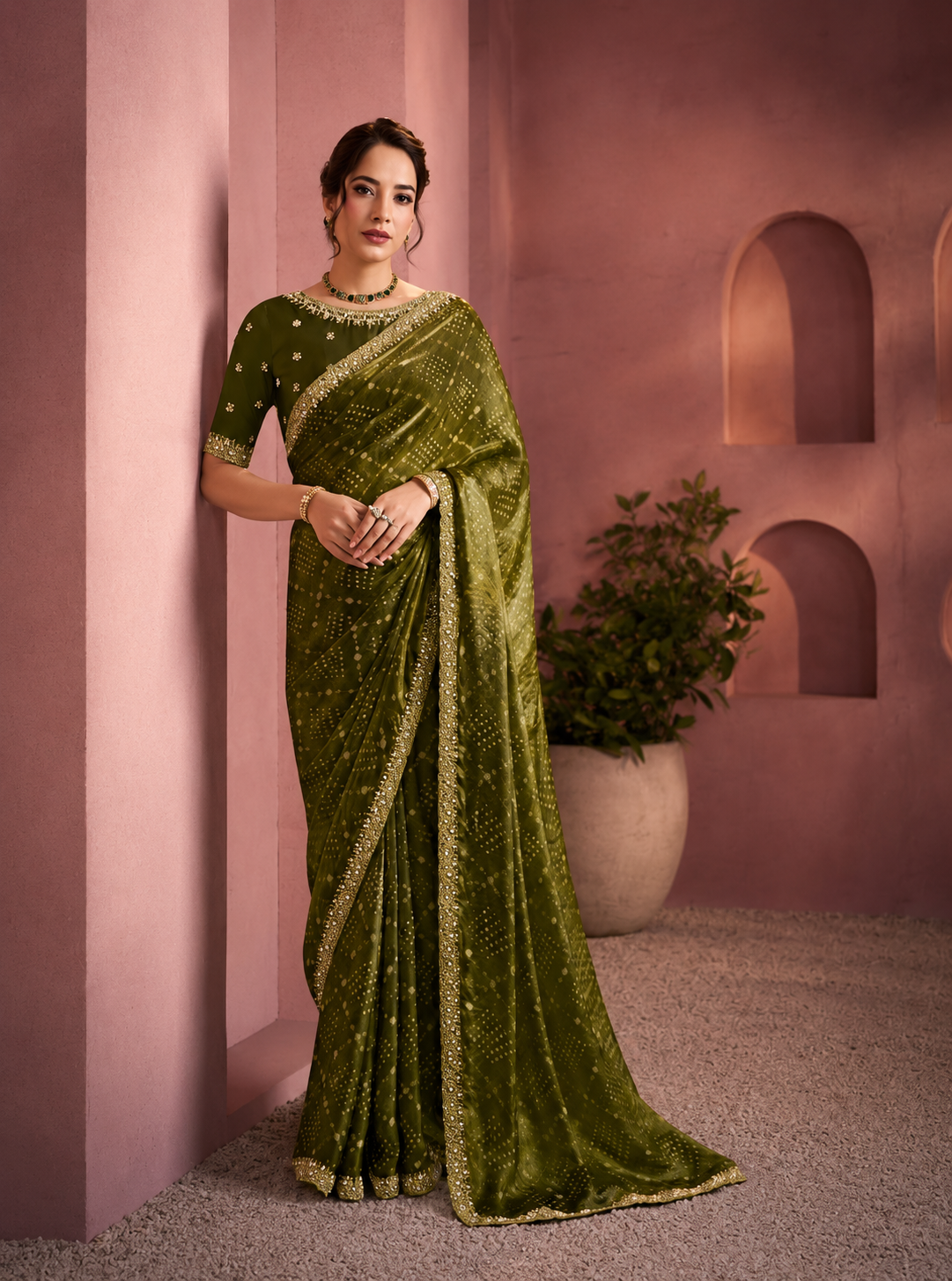Imperial Bloom Satin Silk Bandhani Gajji Print Saree