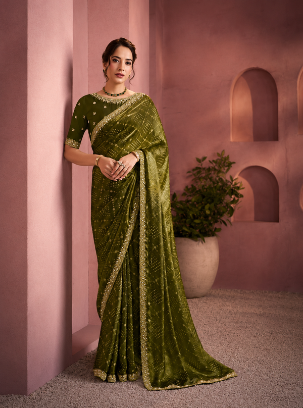 Green Satin Silk Sequin Stone Work Saree