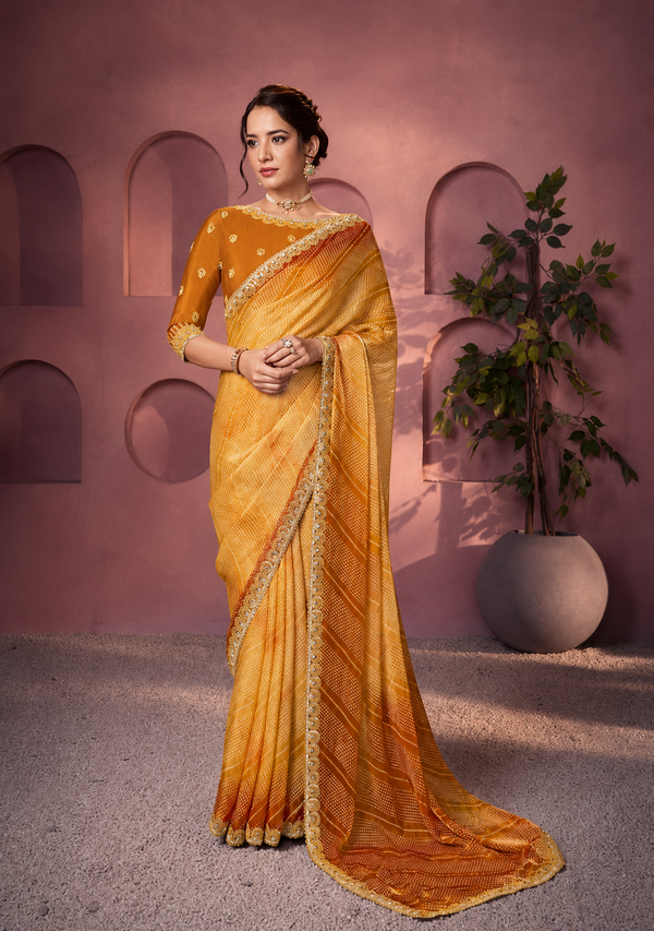 Yellow Satin Silk Bandhani Shaded Print Saree