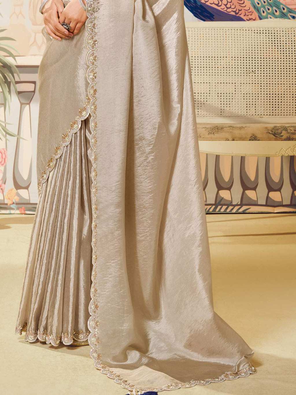 Champagne Gold Tussar Silk Saree with Dual Sequence Work - Detail View 3