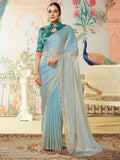 Ice Blue Satin Silk Saree with Swarovski Diamond & Sequence Work
