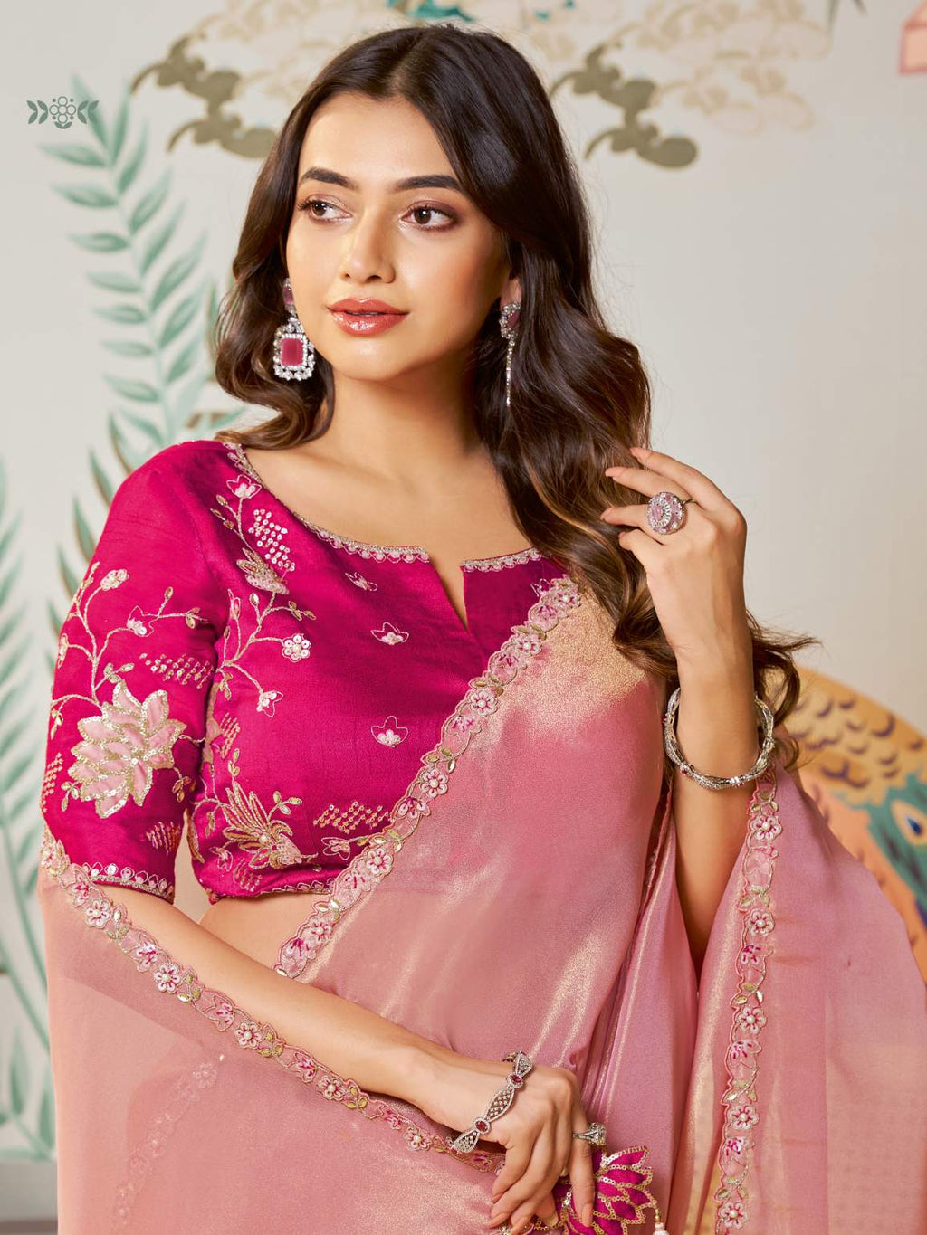 Dusty Rose Pink Zari Organza Silk Saree with Dual Sequence Embroidery - Detail View 2