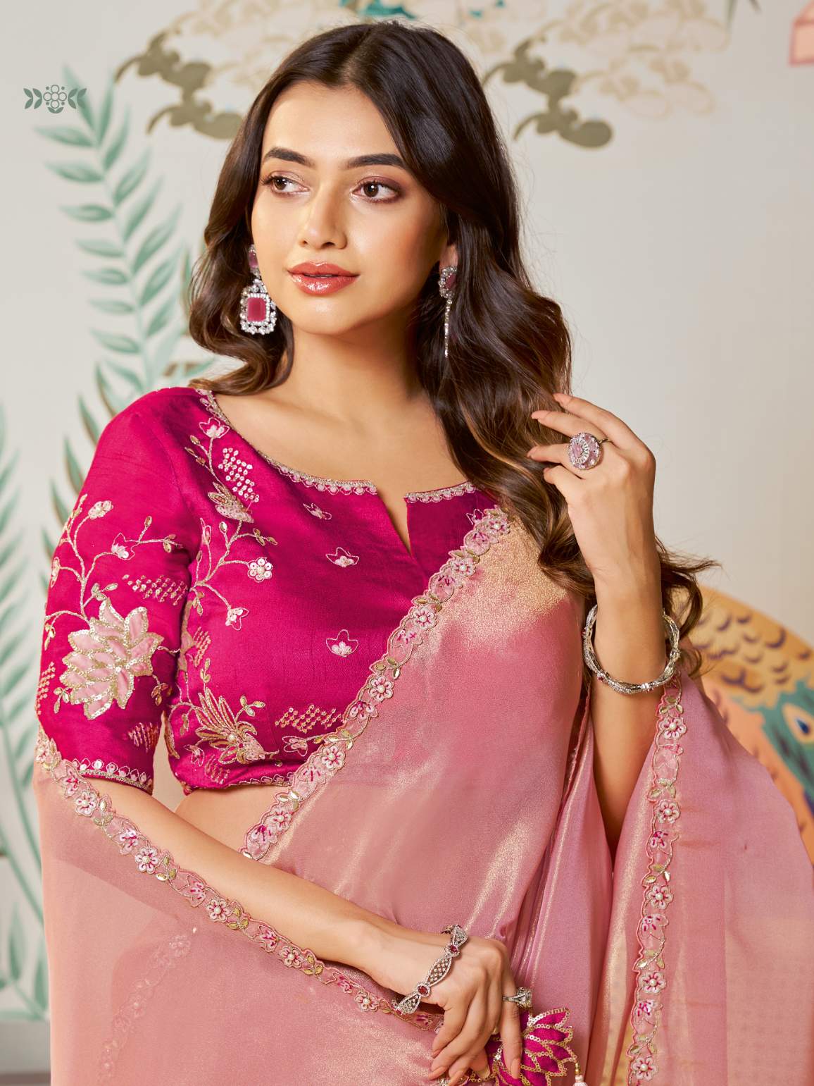 Dusty Rose Pink Zari Organza Silk Saree with Dual Sequence Embroidery - Detail View 2