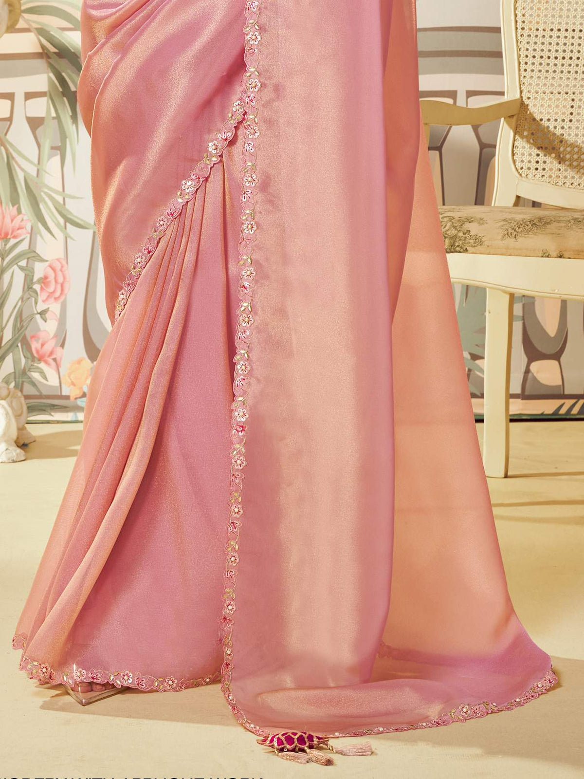 Dusty Rose Pink Zari Organza Silk Saree with Dual Sequence Embroidery - Detail View 3