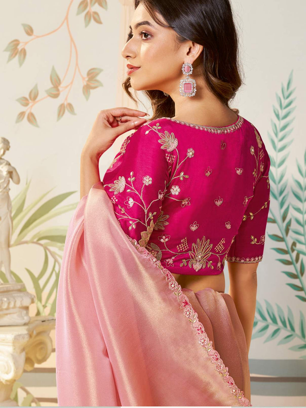 Dusty Rose Pink Zari Organza Silk Saree with Dual Sequence Embroidery - Detail View 5