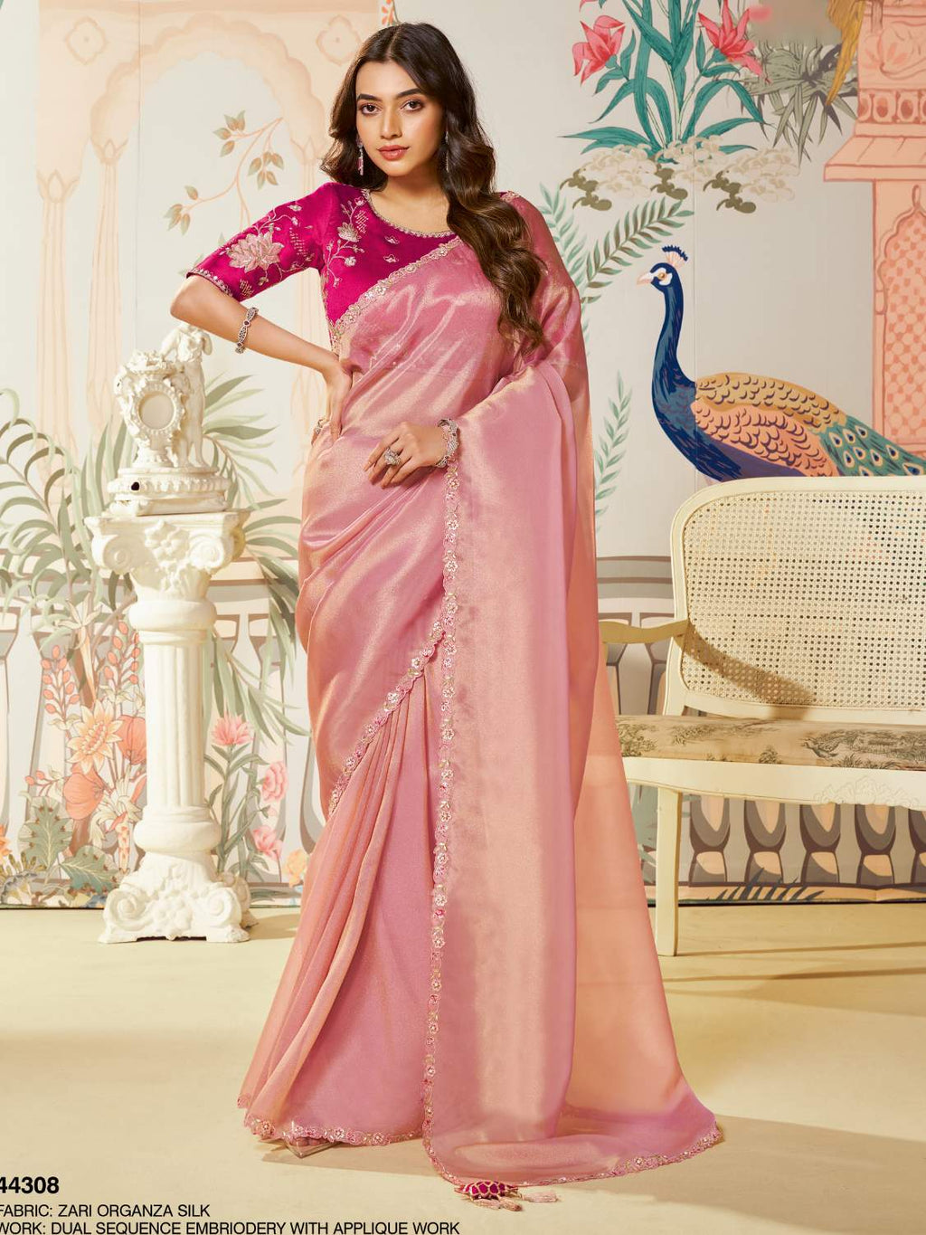 Dusty Rose Pink Zari Organza Silk Saree with Dual Sequence Embroidery - Front View
