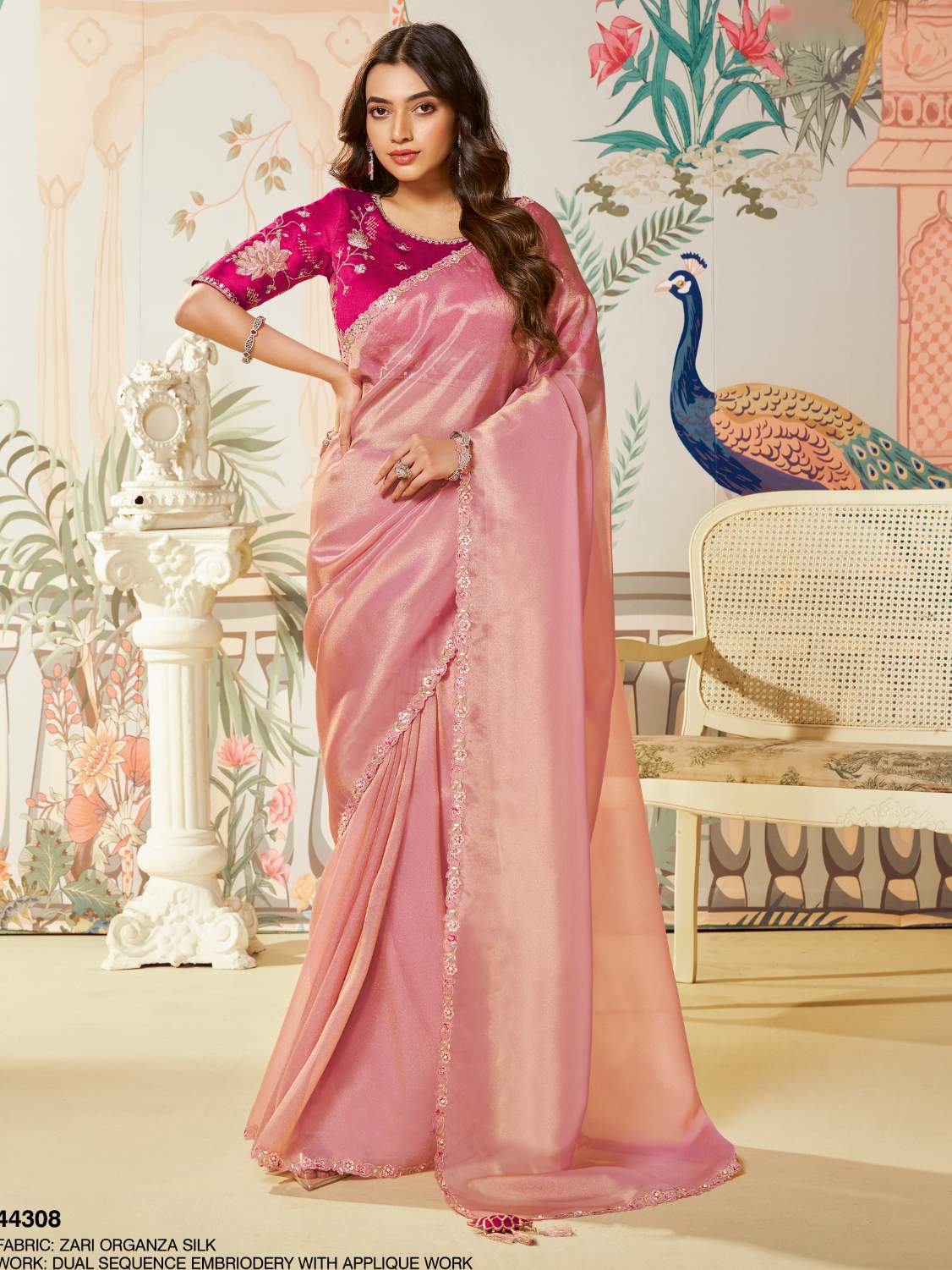 Dusty Rose Pink Zari Organza Silk Saree with Dual Sequence Embroidery - Front View