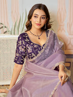 Dusty Mauve Lilac Zari Organza Silk Saree with Handwork & Sequence Embroidery - Detail View 2