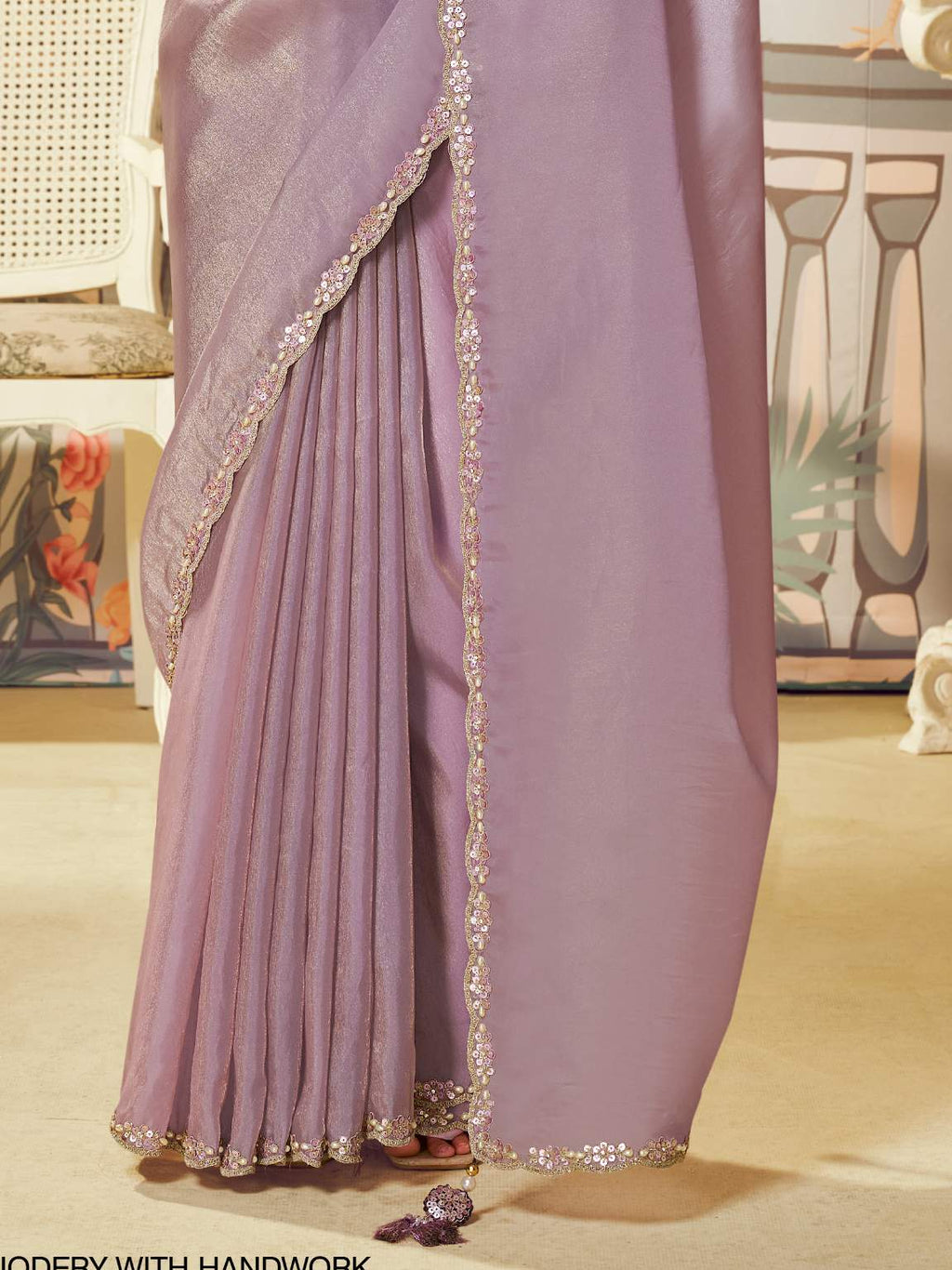 Dusty Mauve Lilac Zari Organza Silk Saree with Handwork & Sequence Embroidery - Detail View 3