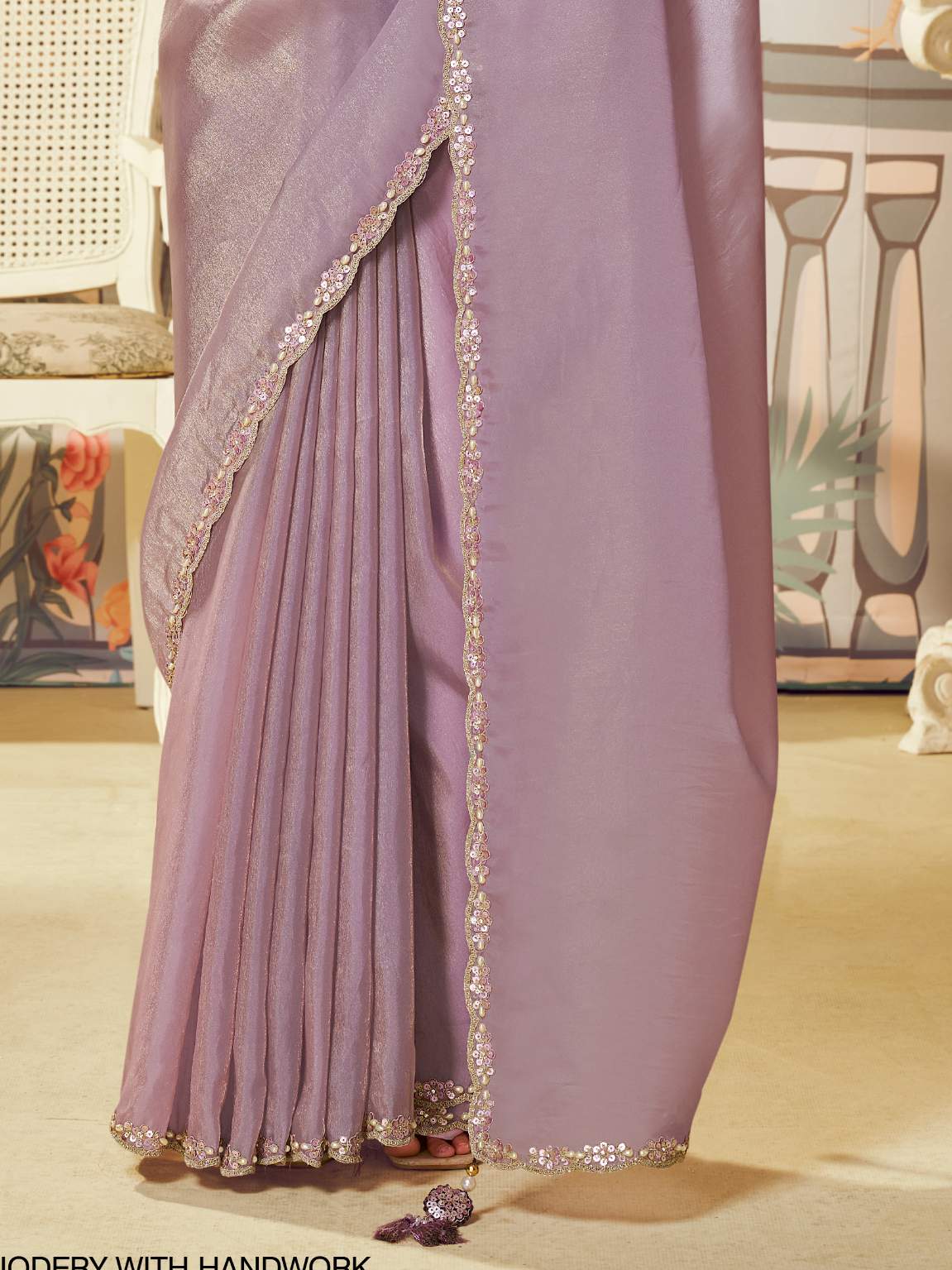 Dusty Mauve Lilac Zari Organza Silk Saree with Handwork & Sequence Embroidery - Detail View 3