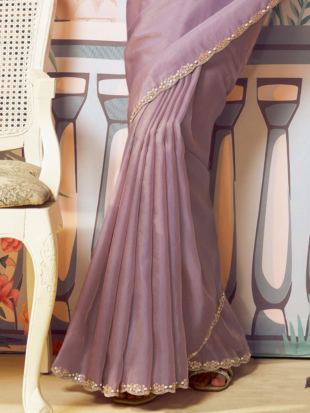 Dusty Mauve Lilac Zari Organza Silk Saree with Handwork & Sequence Embroidery - Detail View 4