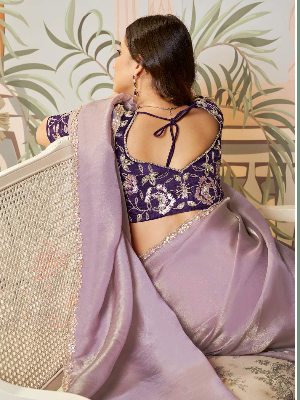 Dusty Mauve Lilac Zari Organza Silk Saree with Handwork & Sequence Embroidery - Detail View 5