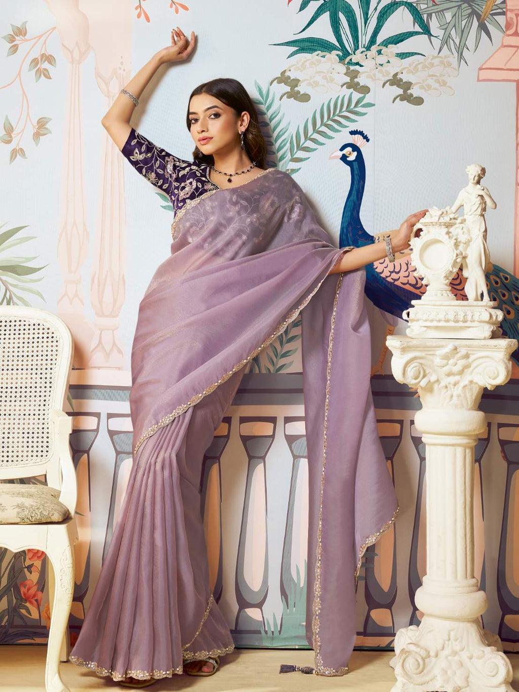 Dusty Mauve Lilac Zari Organza Silk Saree with Handwork & Sequence Embroidery - Detail View 6