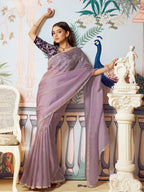 Dusty Mauve Lilac Zari Organza Silk Saree with Handwork & Sequence Embroidery - Detail View 6