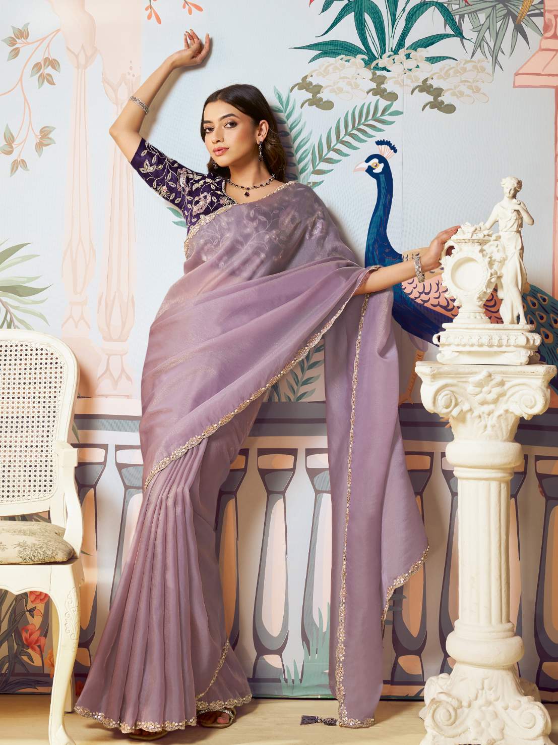 Dusty Mauve Lilac Zari Organza Silk Saree with Handwork & Sequence Embroidery - Detail View 6