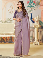 Dusty Mauve Lilac Zari Organza Silk Saree with Handwork & Sequence Embroidery - Front View