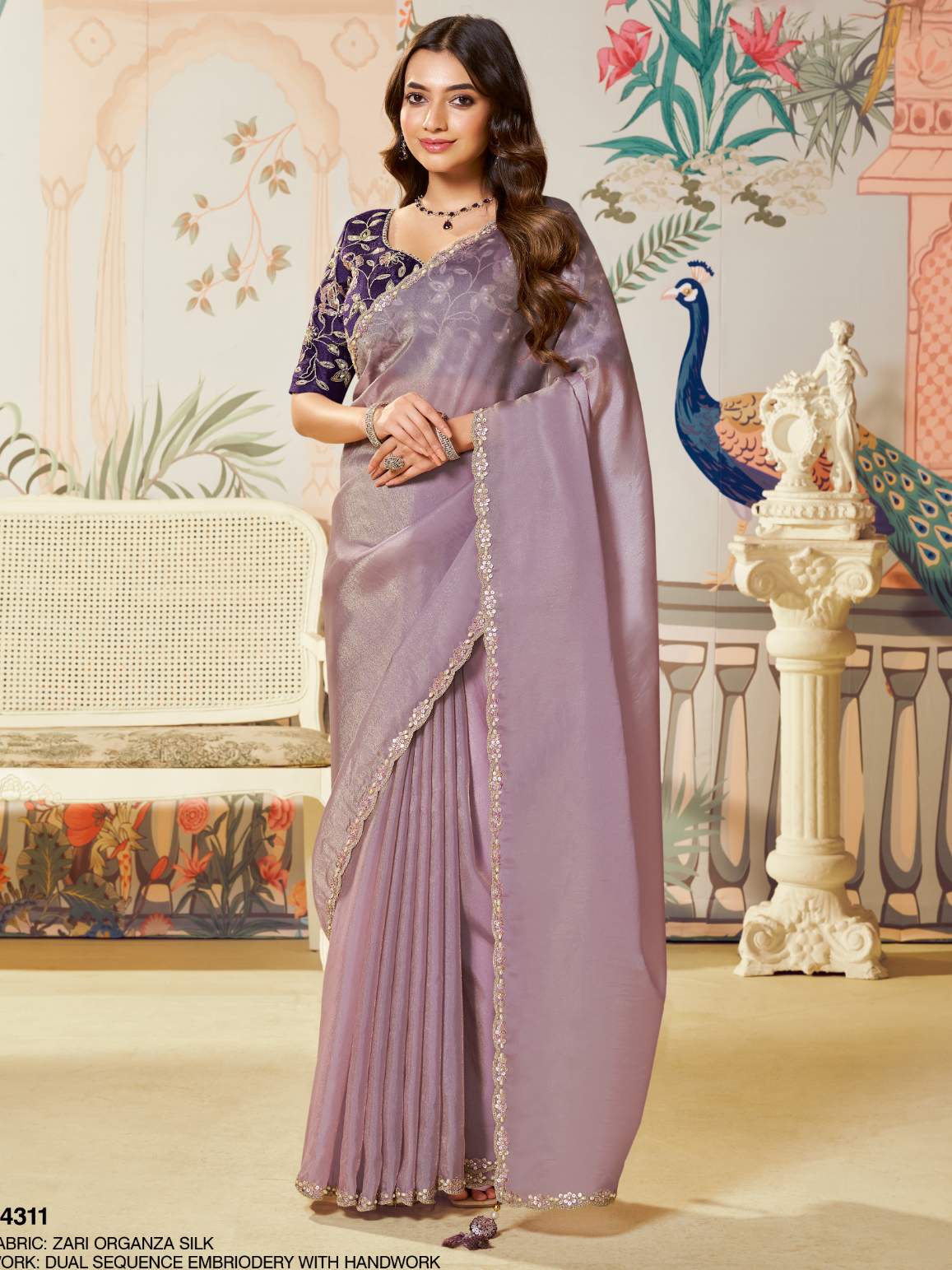 Dusty Mauve Lilac Zari Organza Silk Saree with Handwork & Sequence Embroidery - Front View
