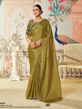 Olive Mehndi Green Satin Silk Saree with Dual Sequence Embroidery
