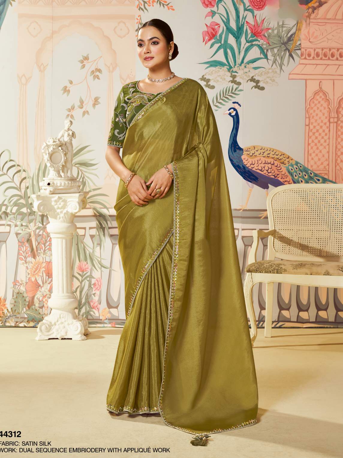Olive Mehndi Green Satin Silk Saree with Dual Sequence Embroidery - Front View