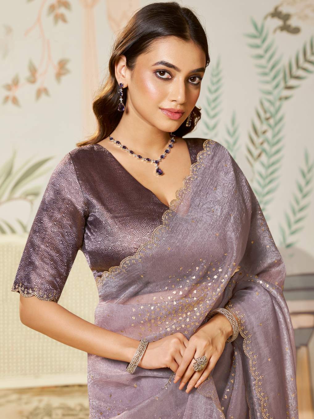 Ash Lavender Satin Organza Silk Saree with Swarovski Stone Work - Detail View 2