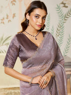 Ash Lavender Satin Organza Silk Saree with Swarovski Stone Work - Detail View 2