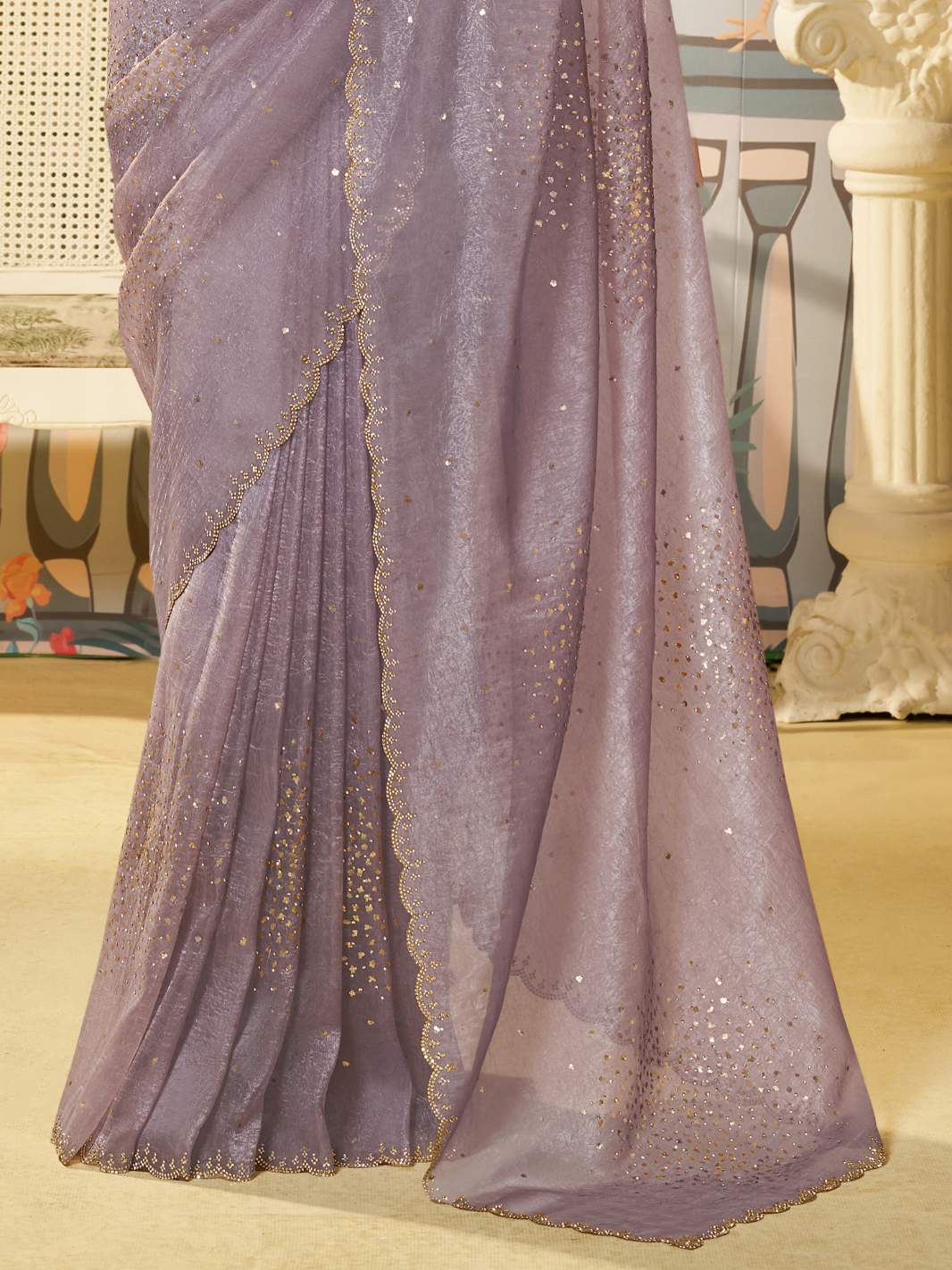 Ash Lavender Satin Organza Silk Saree with Swarovski Stone Work - Detail View 3