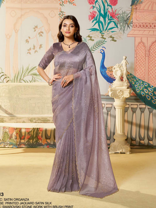 Ash Lavender Satin Organza Silk Saree with Swarovski Stone Work - Front View